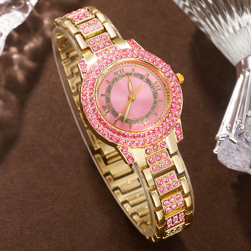 6-Piece Elegant Quartz Wristwatch and Jewelry Set with Round Rhinestone Case, Non-, Zinc Alloy Strap, Classic Simple Dial – Includes Matching Bracelet, Necklace, Earrings, Ring for Special Occasions (Valentine's Day, Easter